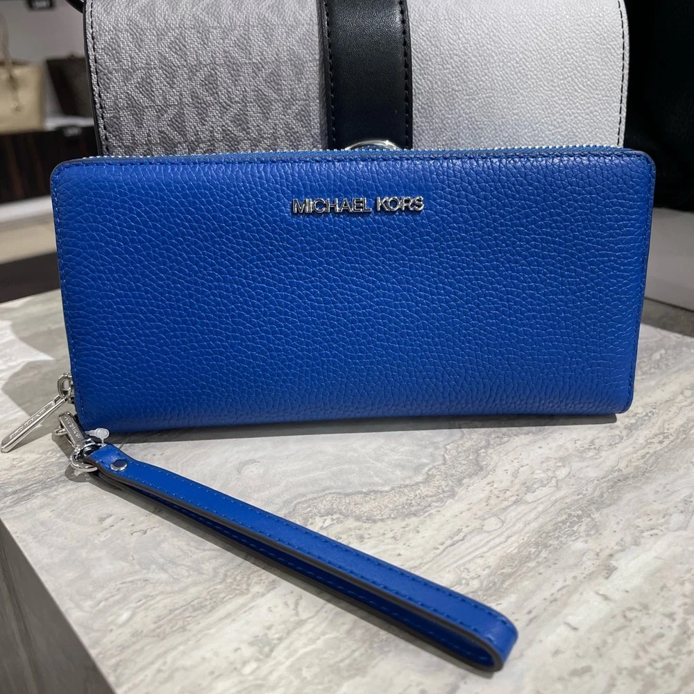 MICHAEL KORS Lg Pebbled Leather Continental Wallet Wristlet Phone Galaxy Blue